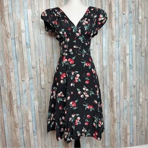 Trashy Diva 2 Black Cherries Print Retro 1940s Dress Pin Up Deep V Neck & Back